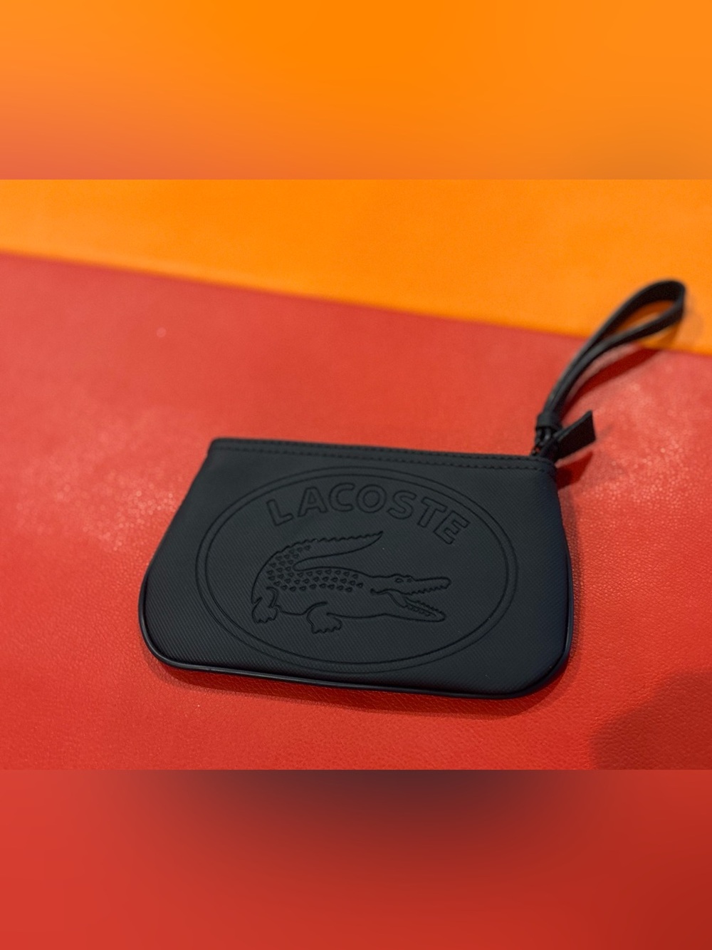 Lacoste Navy Embossed Croc Zip Pouch with Wrist Strap